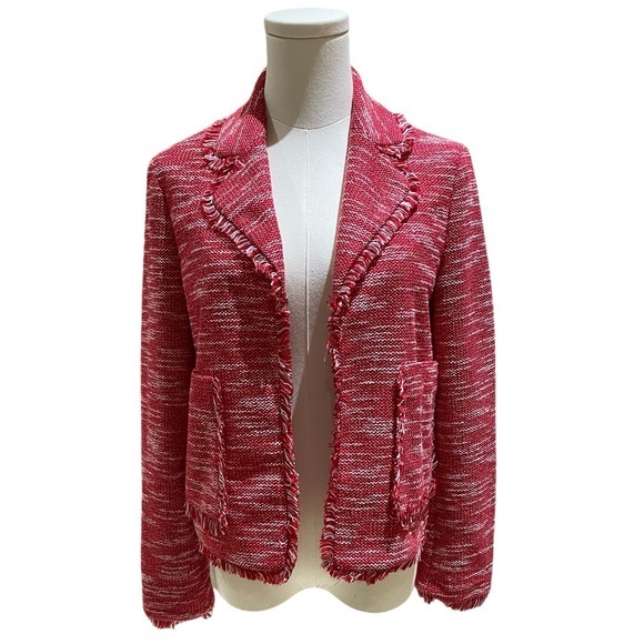 TOPSHOP Jacket Red Fringe Jersey Boucle Blazer Suit Open Front Sz 4 NEW - Picture 1 of 9